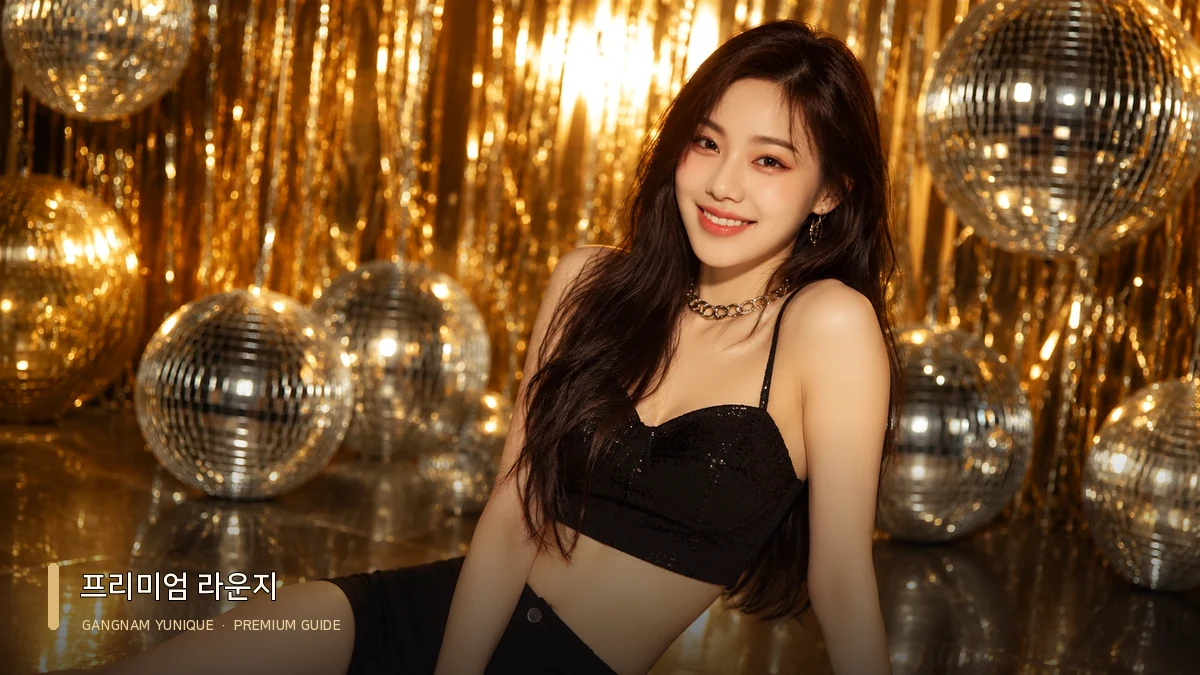 블랙 의상과 둥근 조명 장식 옆에 앉은 여성 모델