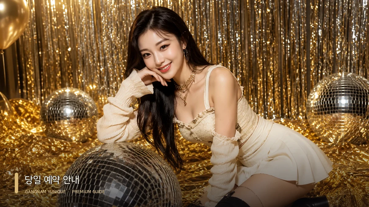 밝은 의상과 골드 장식 배경의 여성 모델