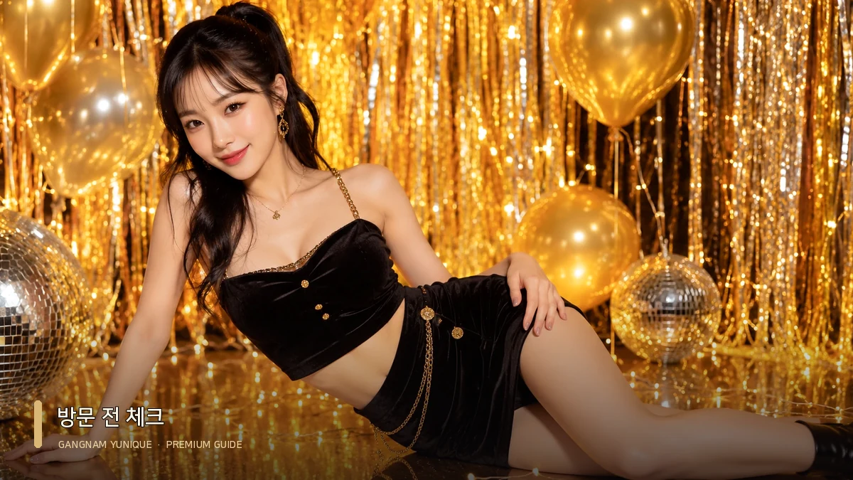 검은 의상과 골드 장식 배경의 여성 모델