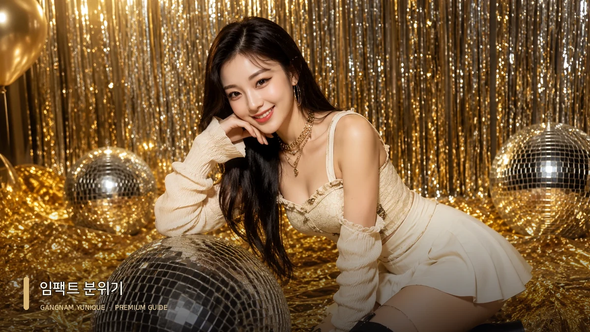 강남쩜오 임팩트 대표 이미지: 밝은 상의와 골드 장식 배경의 여성 모델