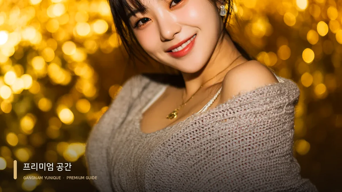 베이지 니트 상의와 골드빛 배경의 여성 모델 상반신