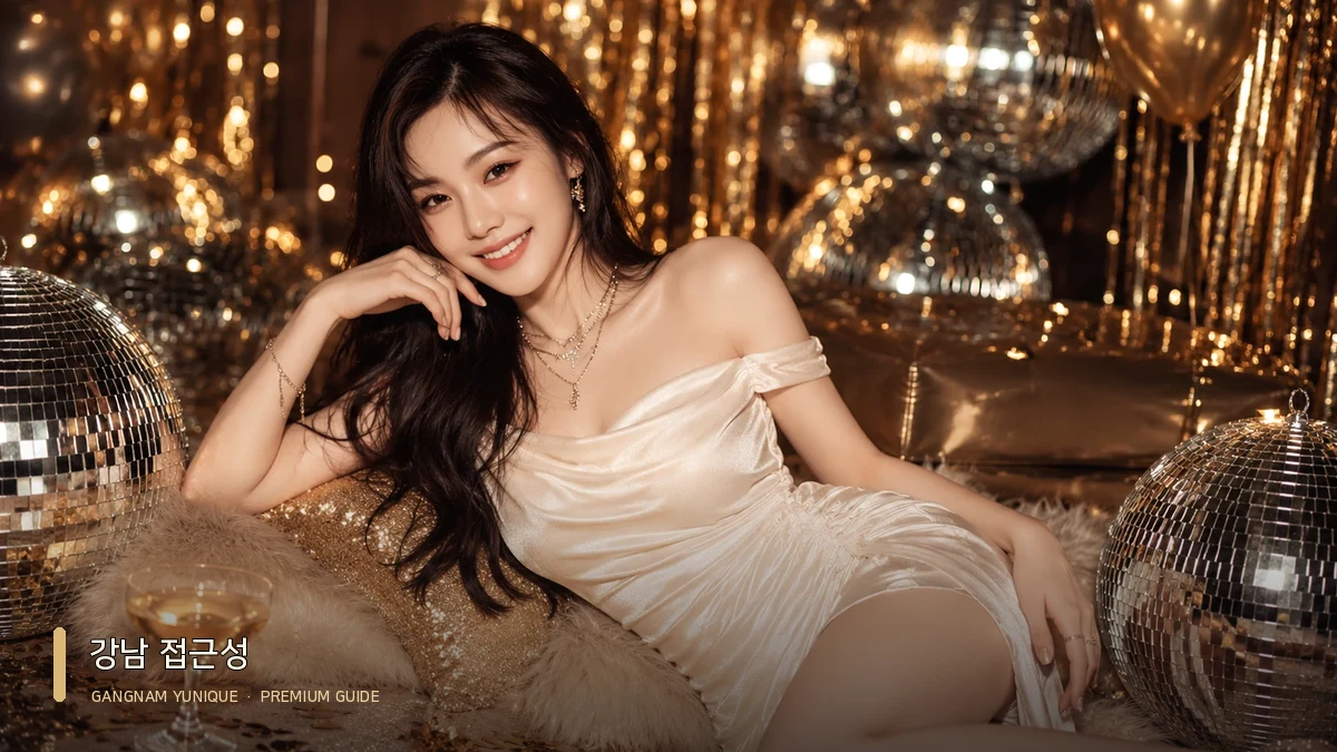 강남쩜오 위치 안내 대표 이미지: 밝은 의상으로 골드 장식 옆에 앉아 있는 여성 모델