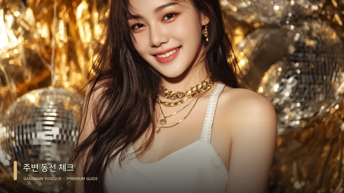 베이지 톤 상의와 골드빛 장식 배경의 여성 모델