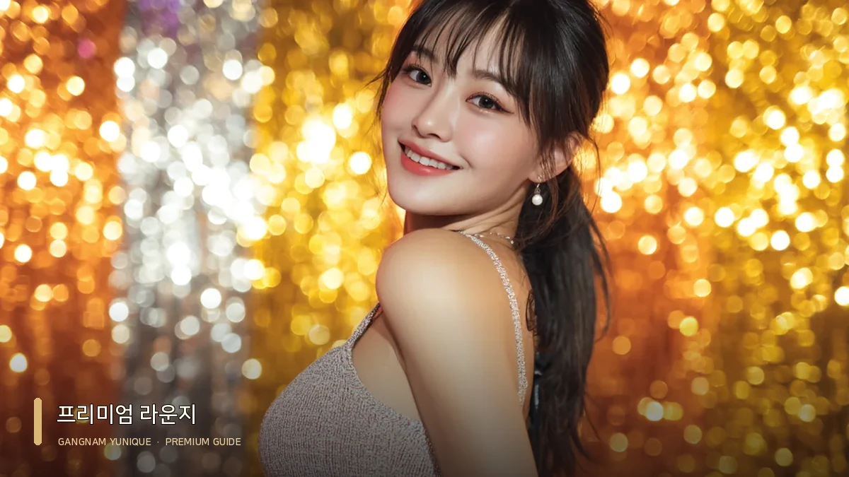 강남쩜오 메인 페이지 대표 이미지: 밝은 상의와 골드빛 배경의 여성 모델