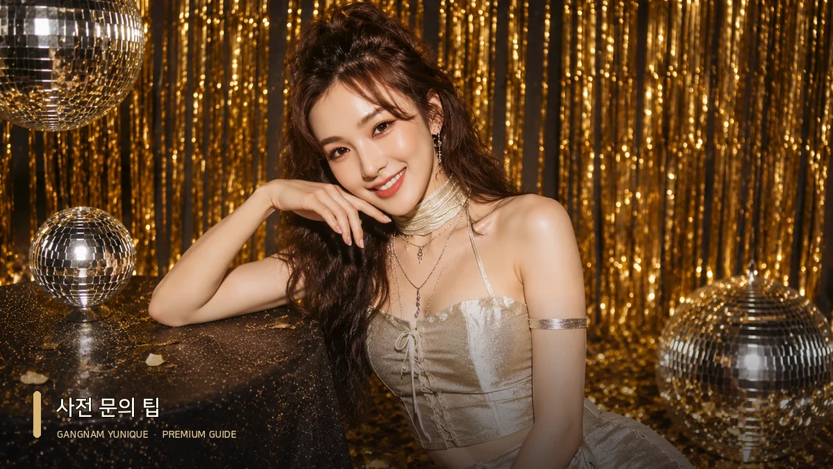 검은 의상과 골드 장식이 보이는 라운지 배경