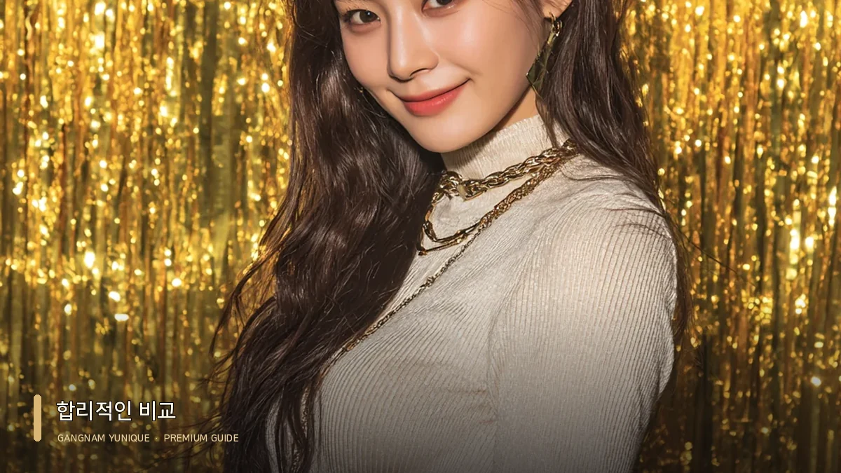 밝은 의상과 골드 장식 배경의 여성 모델