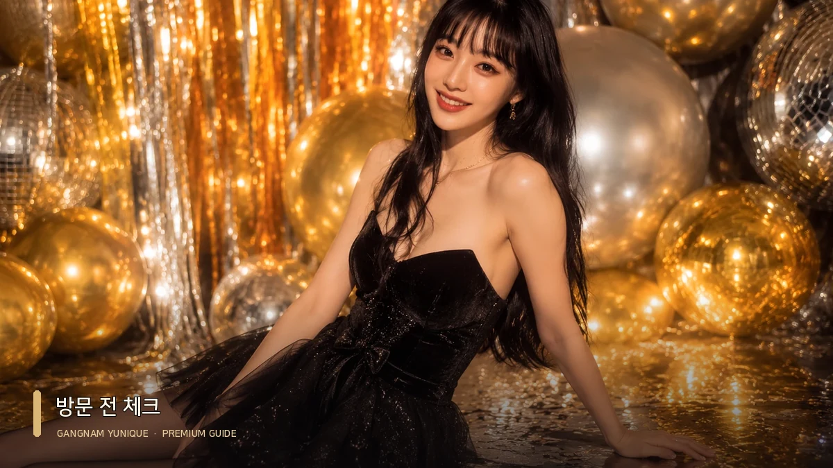 검은 의상과 골드 조명 배경의 여성 모델