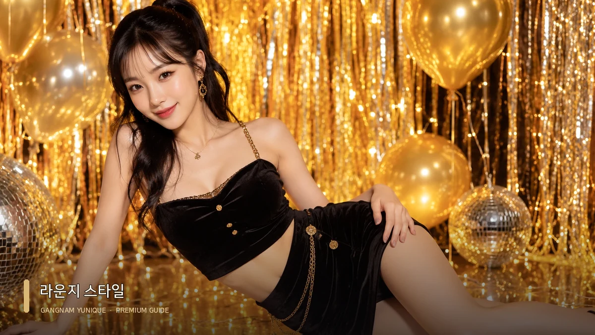 검은 상의와 골드 장식 공간의 여성 모델