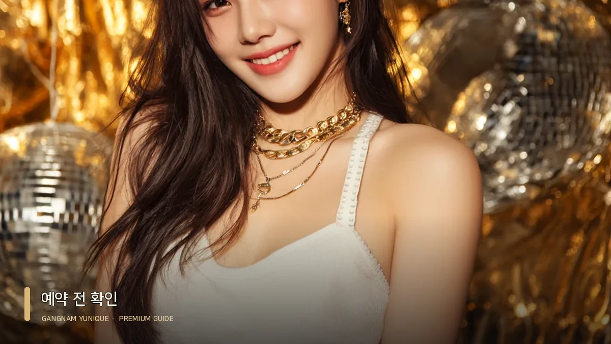 밝은 의상과 부드러운 골드 배경의 여성 모델